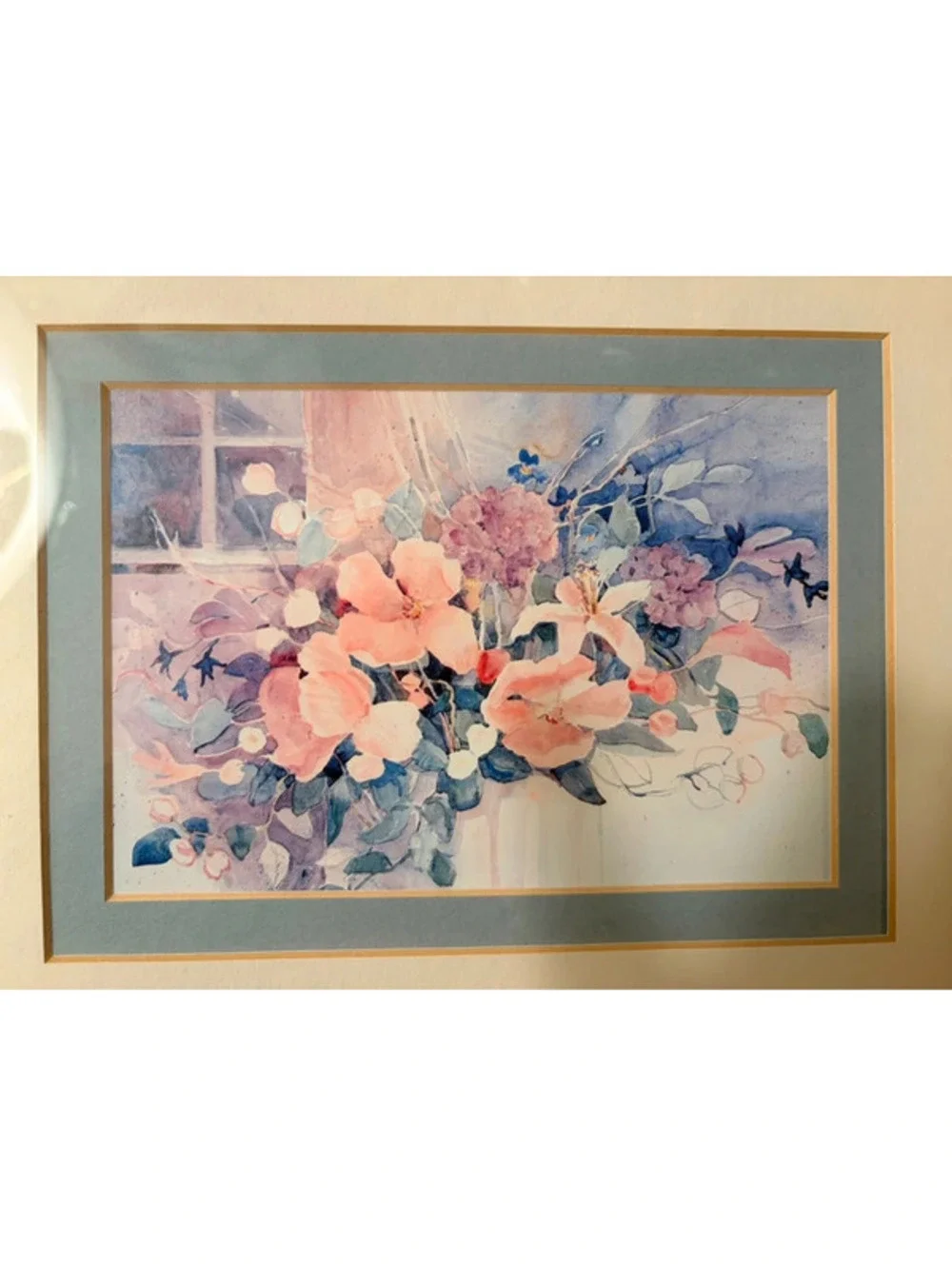 Vintage Floral Watercolor Print in Wood Frame Cottage Wall Art 12x10
